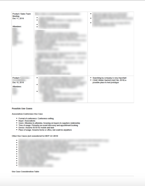 Second page of the same problem-analysis document — the possible use cases under consideration, with those ruled out of scope for the Q1 MVP listed separately