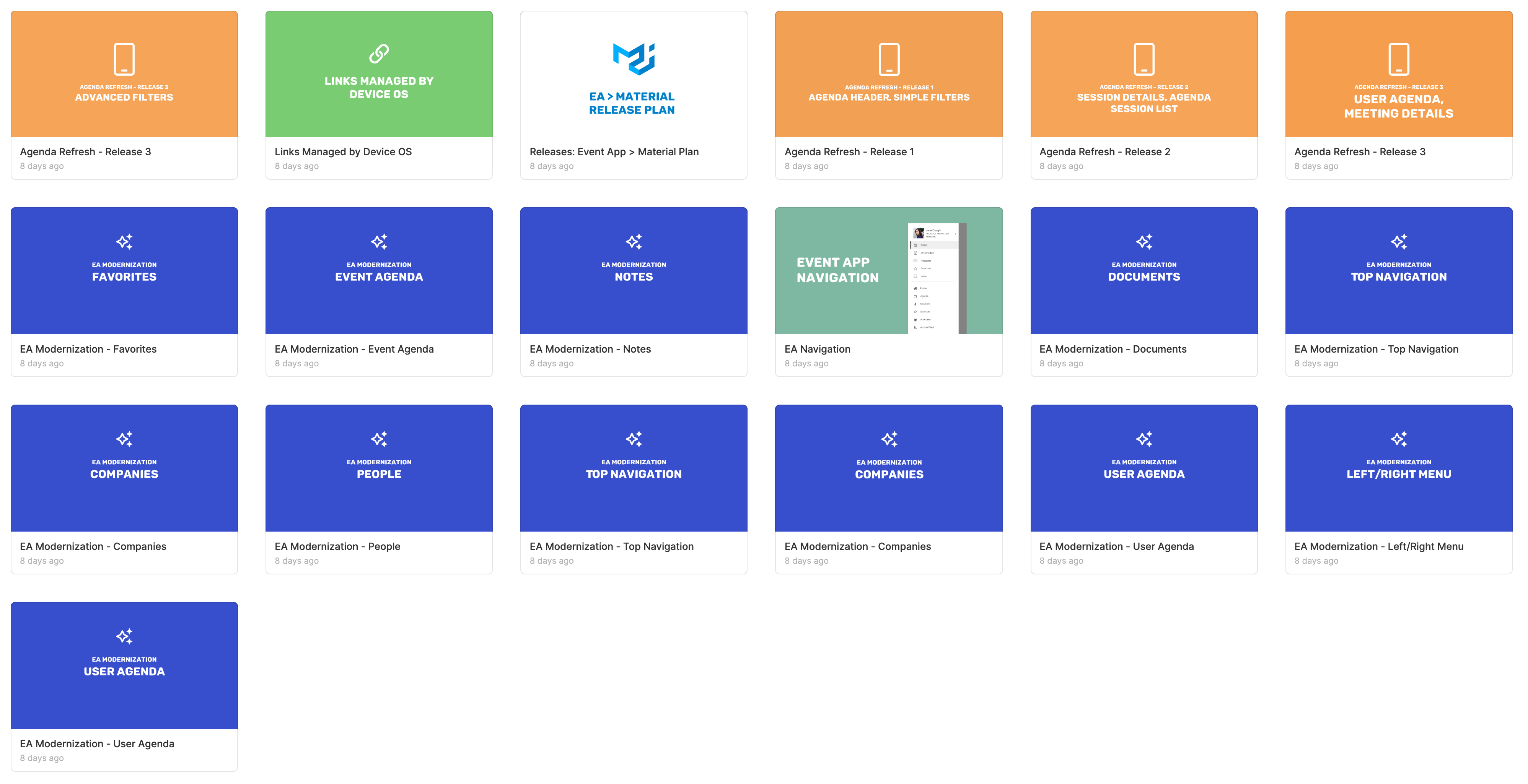 A design-file library of modernization workstreams — agenda refresh split across three releases, plus navigation, documents, and user agenda explorations
